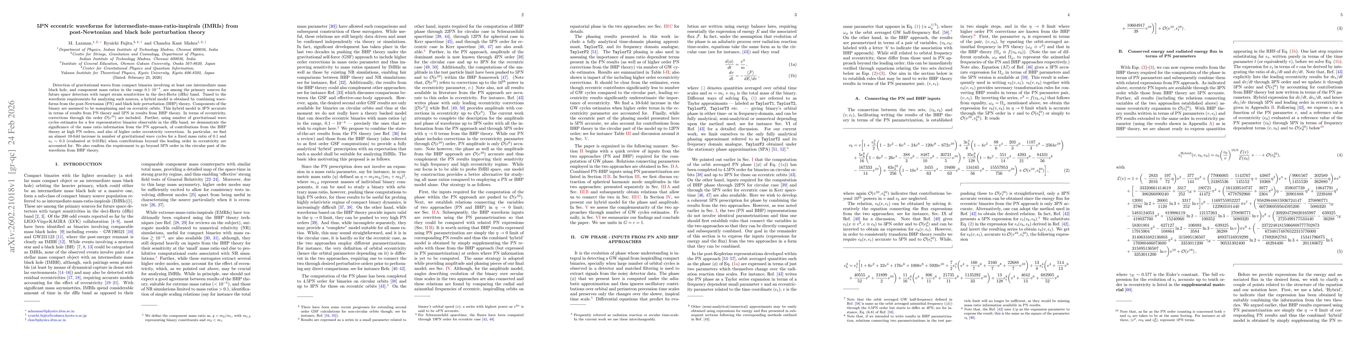 Thumbnail for 5PN eccentric waveforms for intermediate-mass-ratio-inspirals (IMRIs) from post-Newtonian and black hole perturbation theory