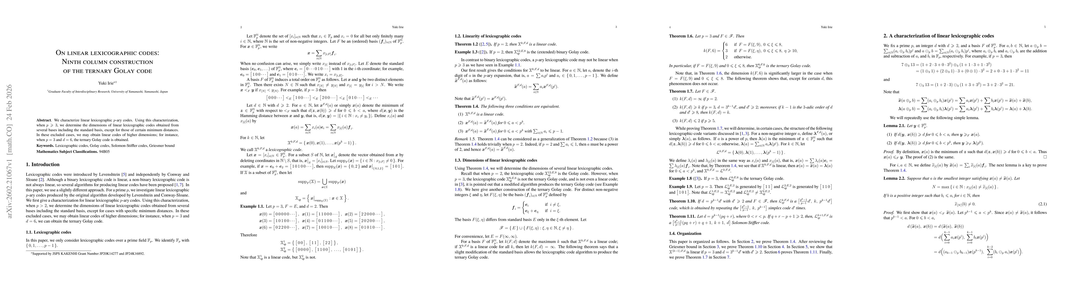 Thumbnail for On linear lexicographic codes: Ninth column construction of the ternary Golay code