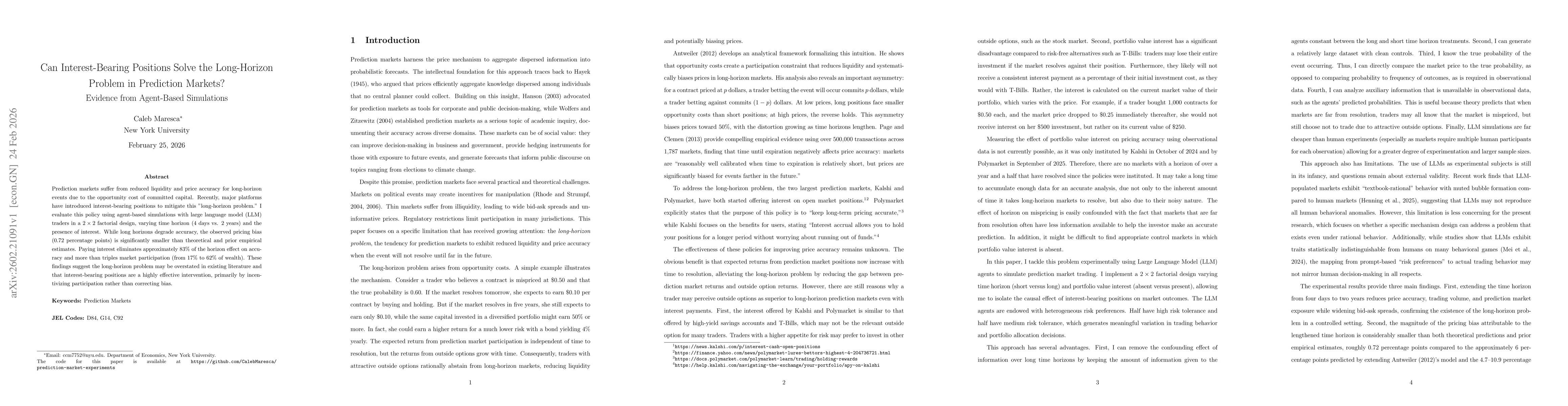 Thumbnail for Can Interest-Bearing Positions Solve the Long-Horizon Problem in Prediction Markets?