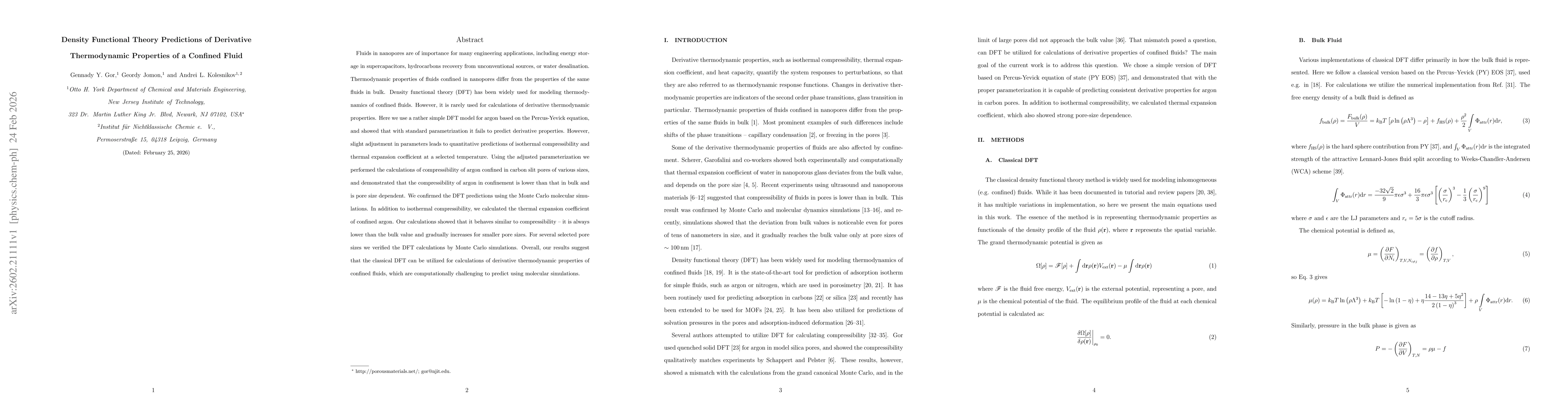 Thumbnail for Density Functional Theory Predictions of Derivative Thermodynamic Properties of a Confined Fluid
