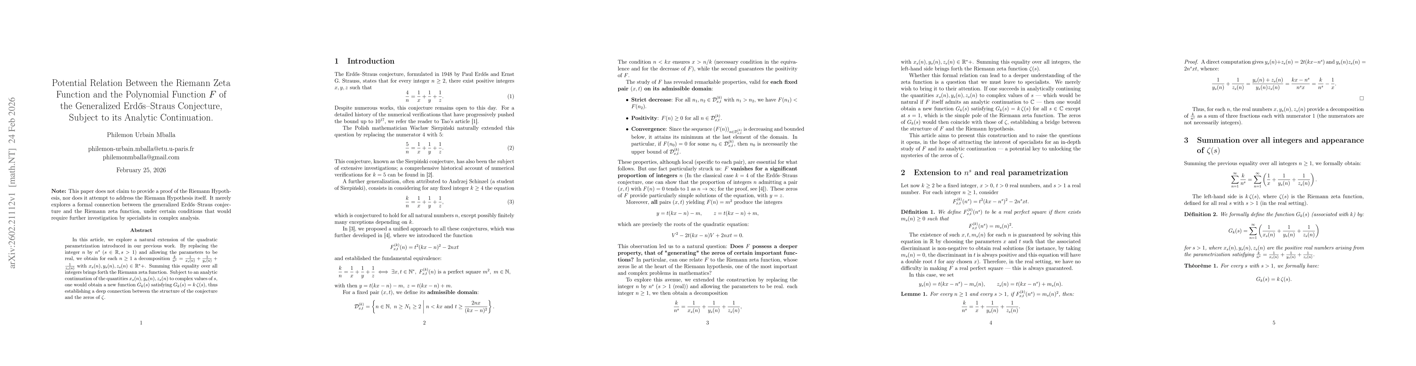 Thumbnail for Potential Relation Between the Riemann Zeta Function and the Polynomial Function $F$ of the Generalized Erdős--Straus Conjecture, Subject to its Analytic Continuation