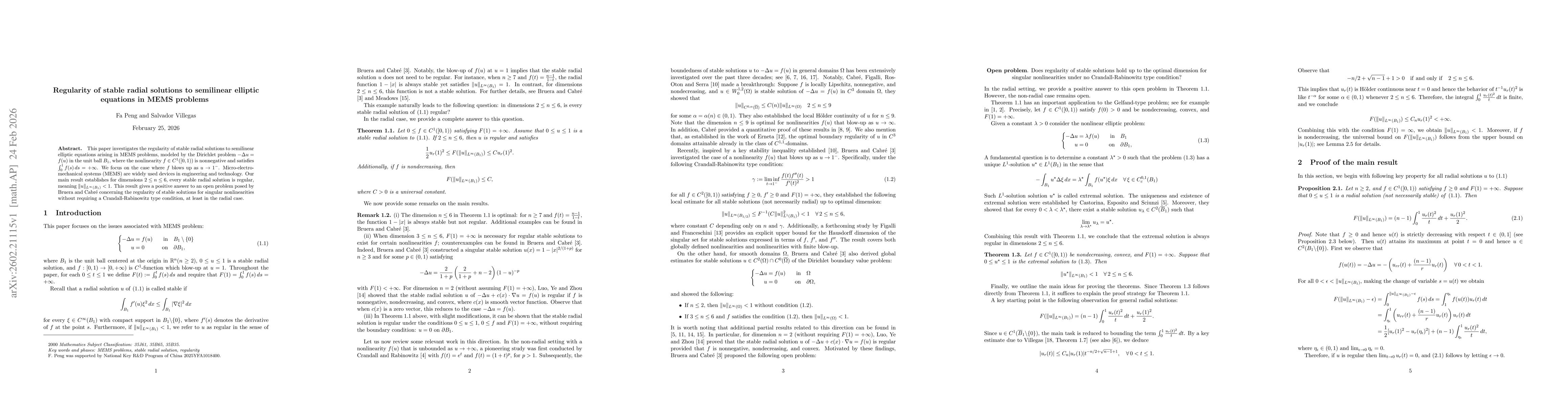 Thumbnail for Regularity of stable radial solutions to semilinear elliptic equations in MEMS problems