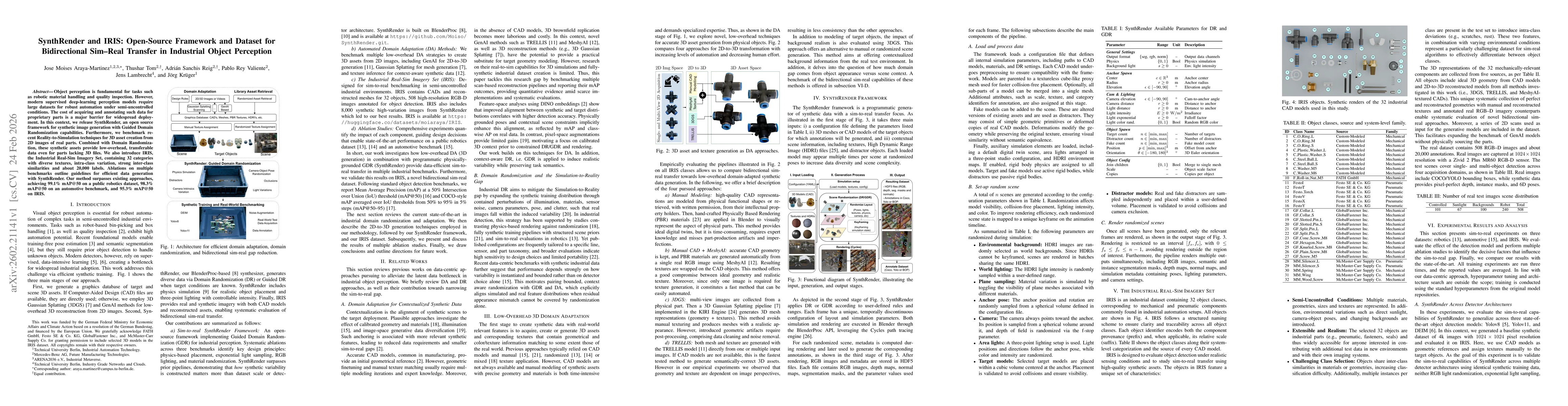 Thumbnail for SynthRender and IRIS: Open-Source Framework and Dataset for Bidirectional Sim-Real Transfer in Industrial Object Perception