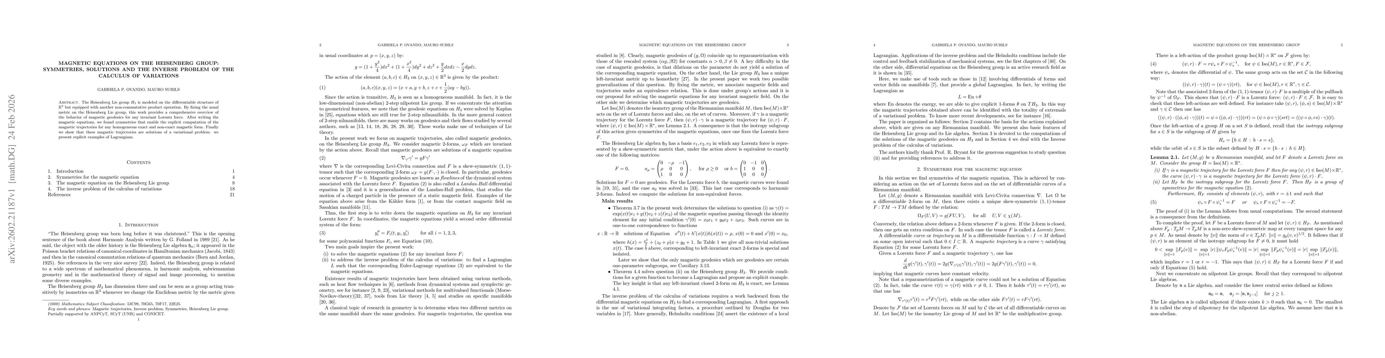 Thumbnail for Magnetic equations on the Heisenberg group: symmetries, solutions and the inverse problem of the calculus of variations