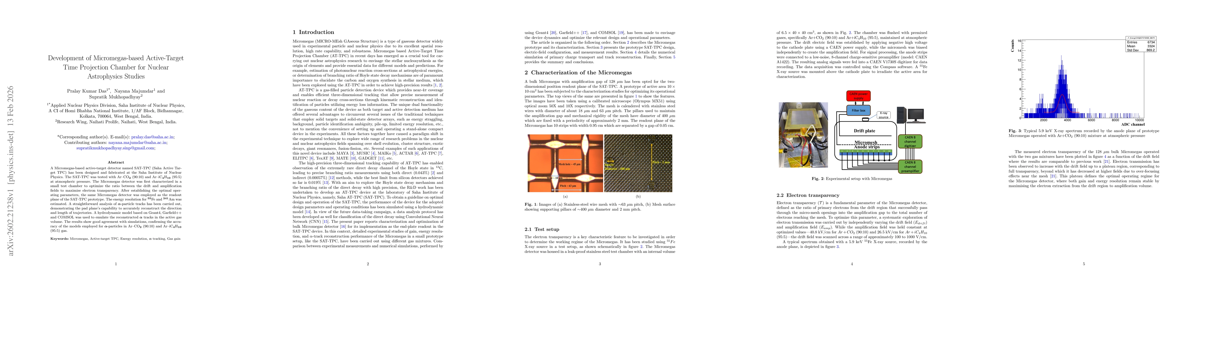 Thumbnail for Development of Micromegas-based Active-Target Time Projection Chamber for Nuclear Astrophysics Studies