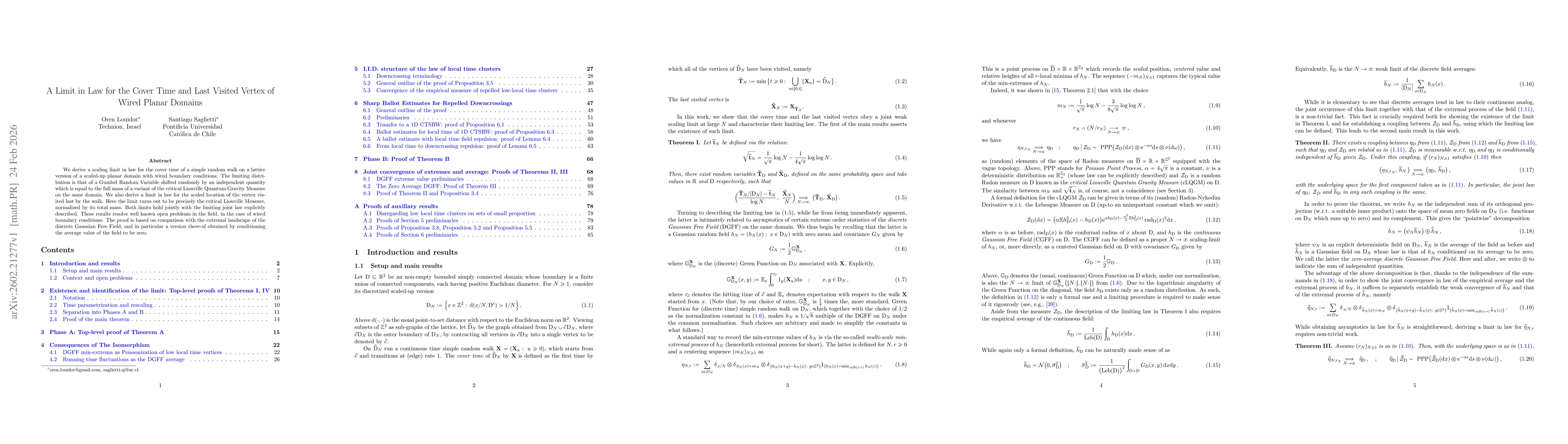 Thumbnail for A Limit in Law for the Cover Time and Last Visited Vertex of Wired Planar Domains