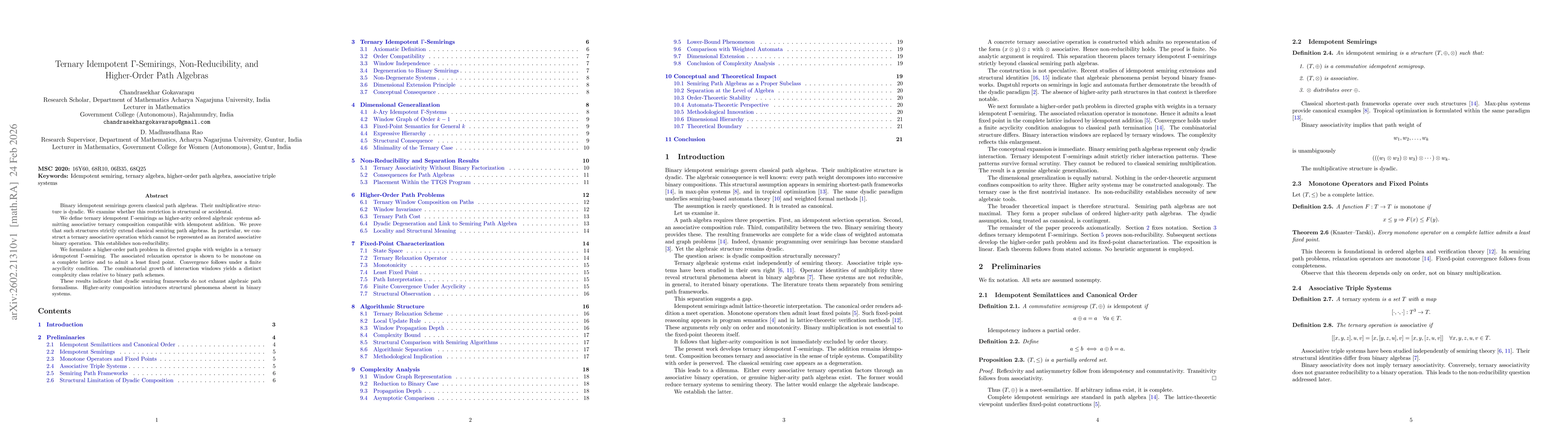 Thumbnail for Ternary Idempotent $Γ$-Semirings, Non-Reducibility, and Higher-Order Path Algebras