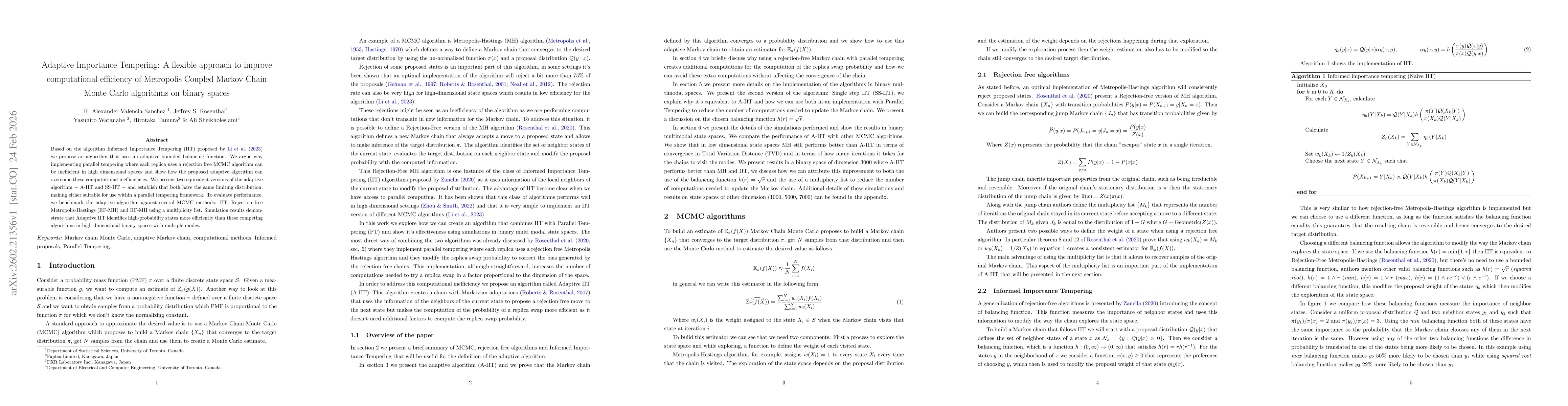 Thumbnail for Adaptive Importance Tempering: A flexible approach to improve computational efficiency of Metropolis Coupled Markov Chain Monte Carlo algorithms on binary spaces