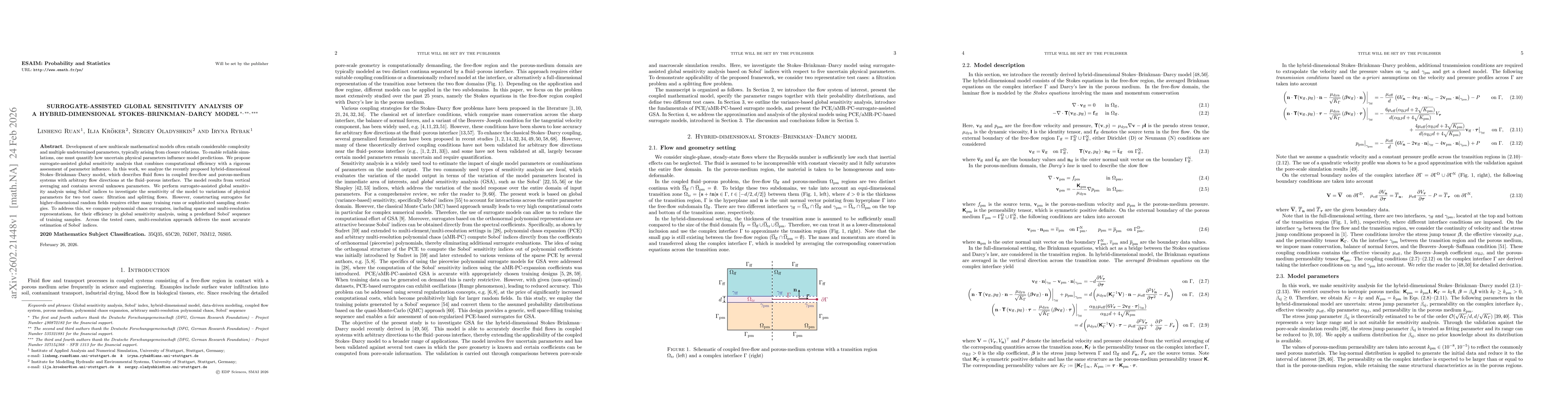 Thumbnail for Surrogate-assisted global sensitivity analysis of a hybrid-dimensional Stokes--Brinkman--Darcy model