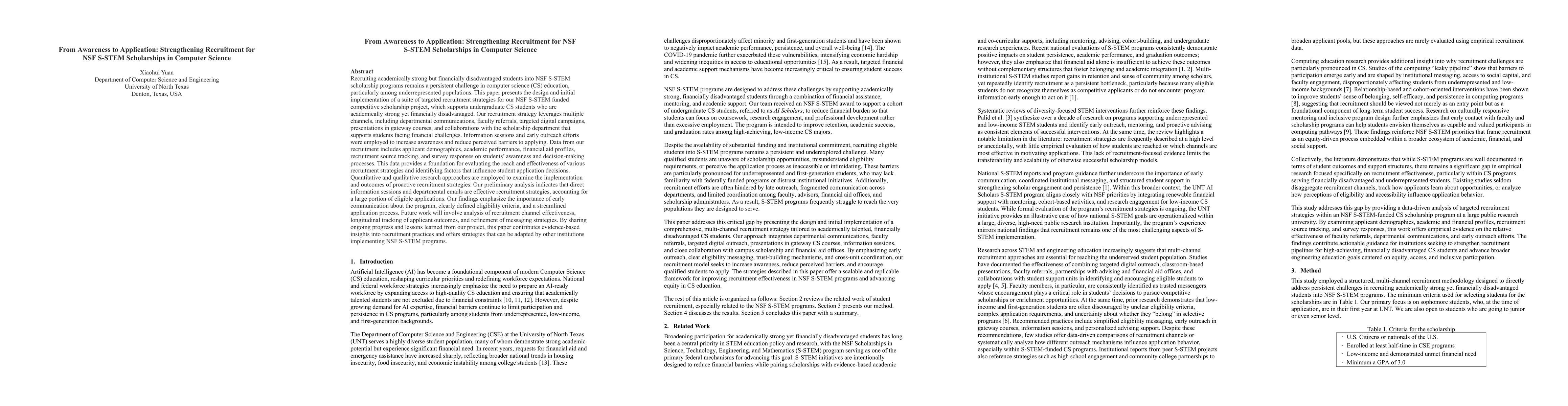 Thumbnail for From Awareness to Application: Strengthening Recruitment for NSF S-STEM Scholarships in Computer Science
