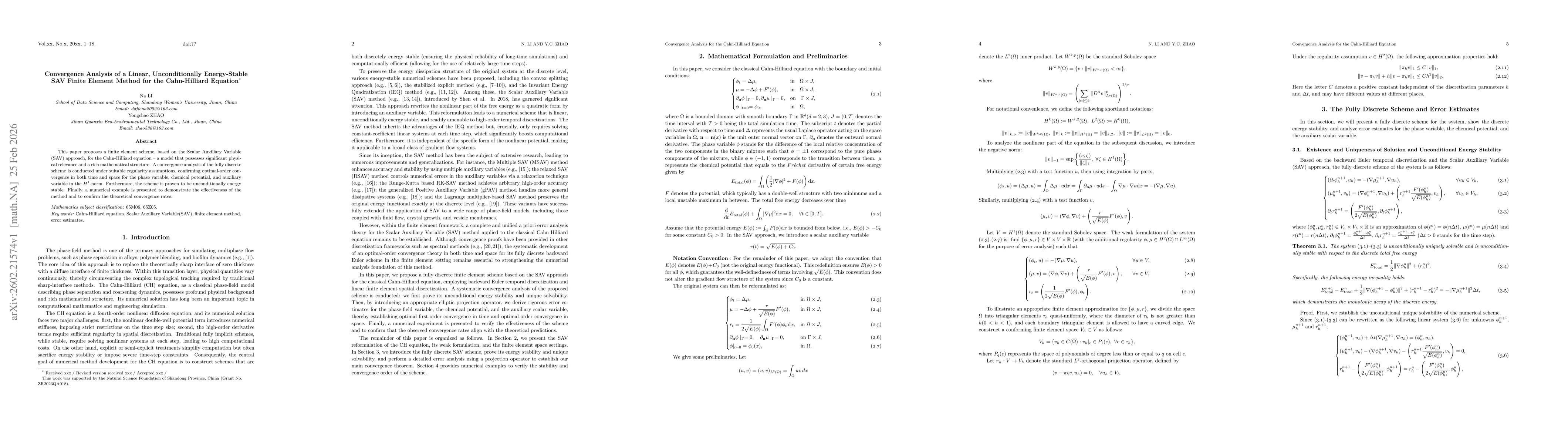 Thumbnail for Convergence Analysis of a Linear, Unconditionally Energy-Stable SAV Finite Element Method for the Cahn-Hilliard Equation