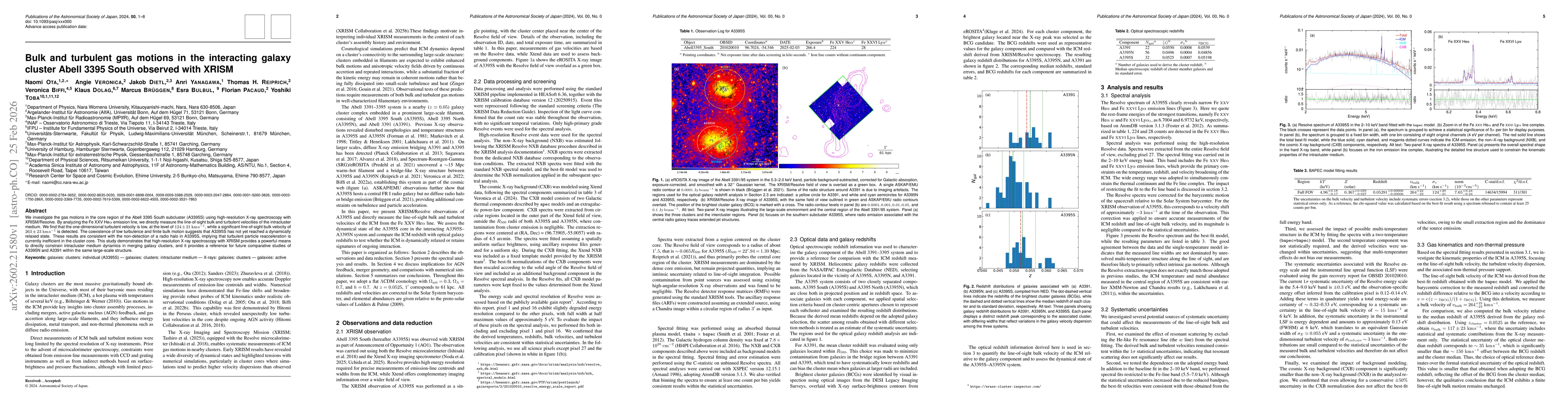 Thumbnail for Bulk and turbulent gas motions in the interacting galaxy cluster Abell 3395 South observed with XRISM
