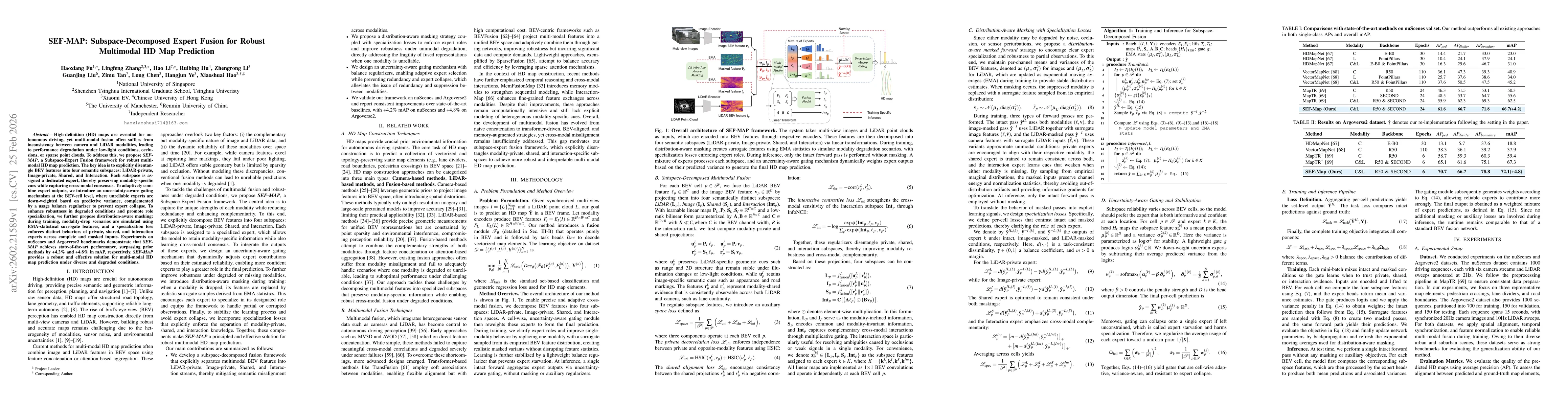Thumbnail for SEF-MAP: Subspace-Decomposed Expert Fusion for Robust Multimodal HD Map Prediction