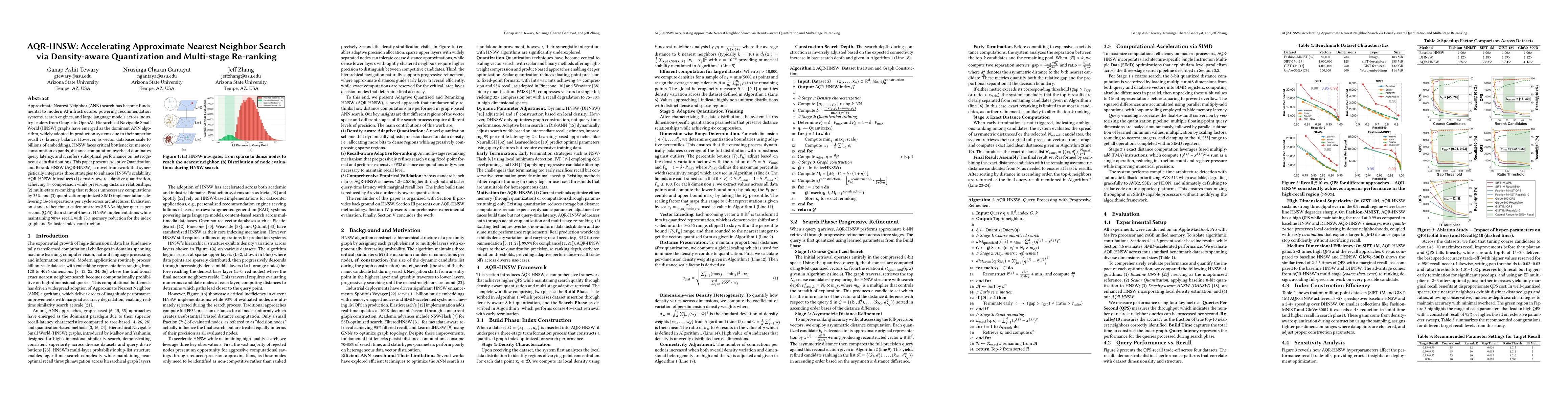 Thumbnail for AQR-HNSW: Accelerating Approximate Nearest Neighbor Search via Density-aware Quantization and Multi-stage Re-ranking