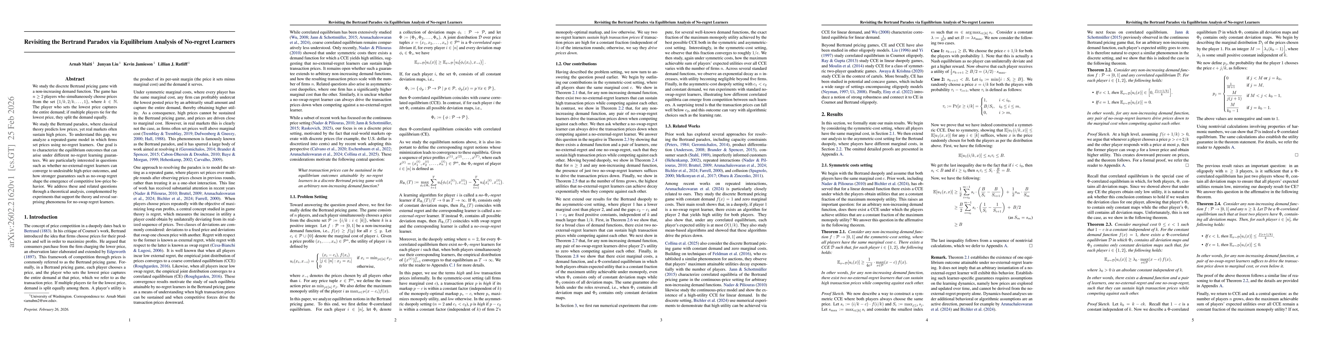 Thumbnail for Revisiting the Bertrand Paradox via Equilibrium Analysis of No-regret Learners