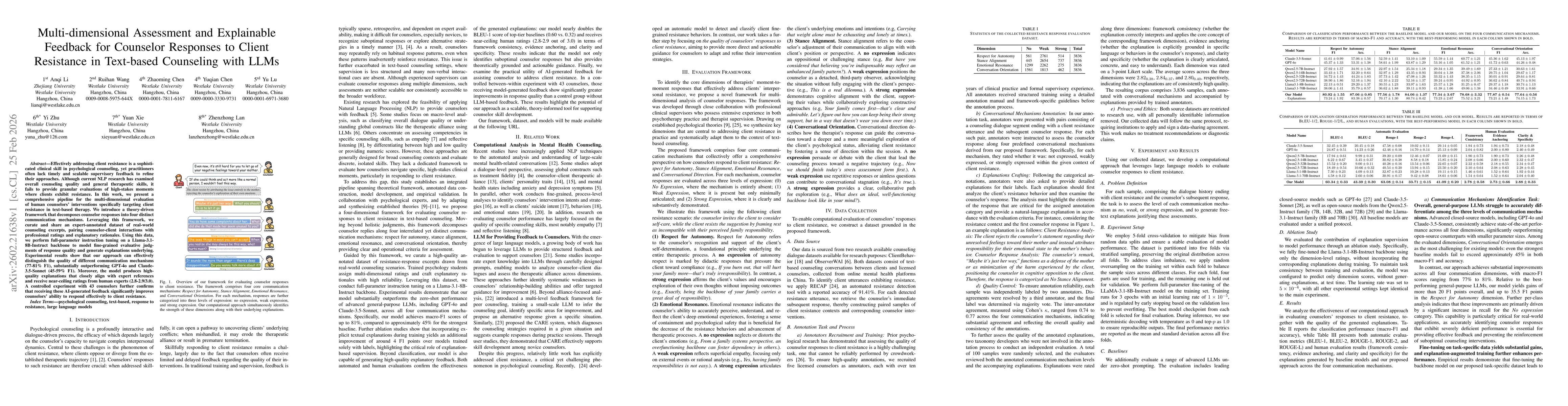 Thumbnail for Multi-dimensional Assessment and Explainable Feedback for Counselor Responses to Client Resistance in Text-based Counseling with LLMs