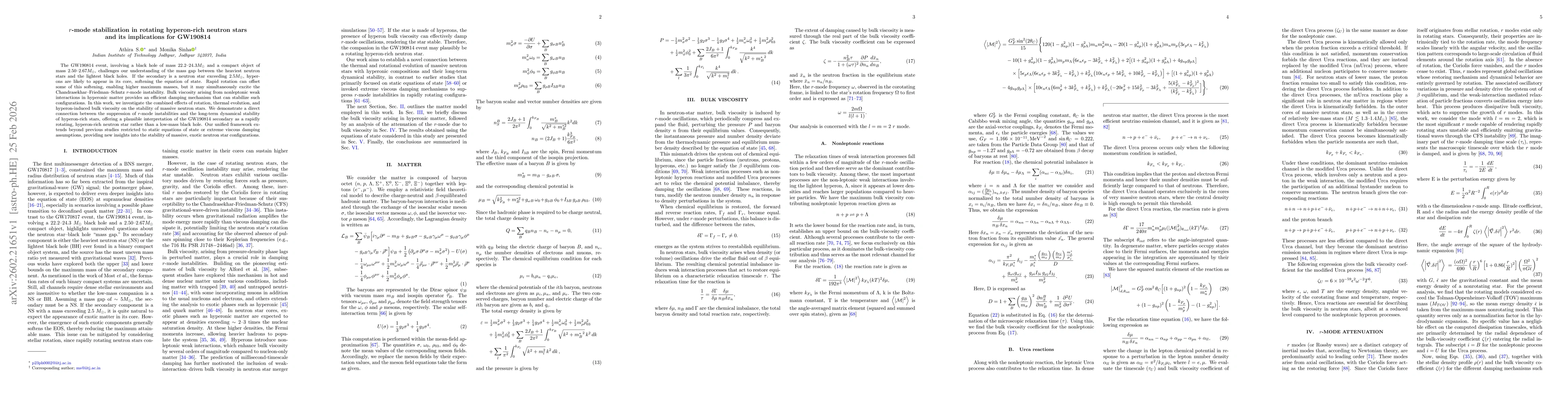 Thumbnail for $r$-mode stabilization in rotating hyperon-rich neutron stars and its implications for GW190814