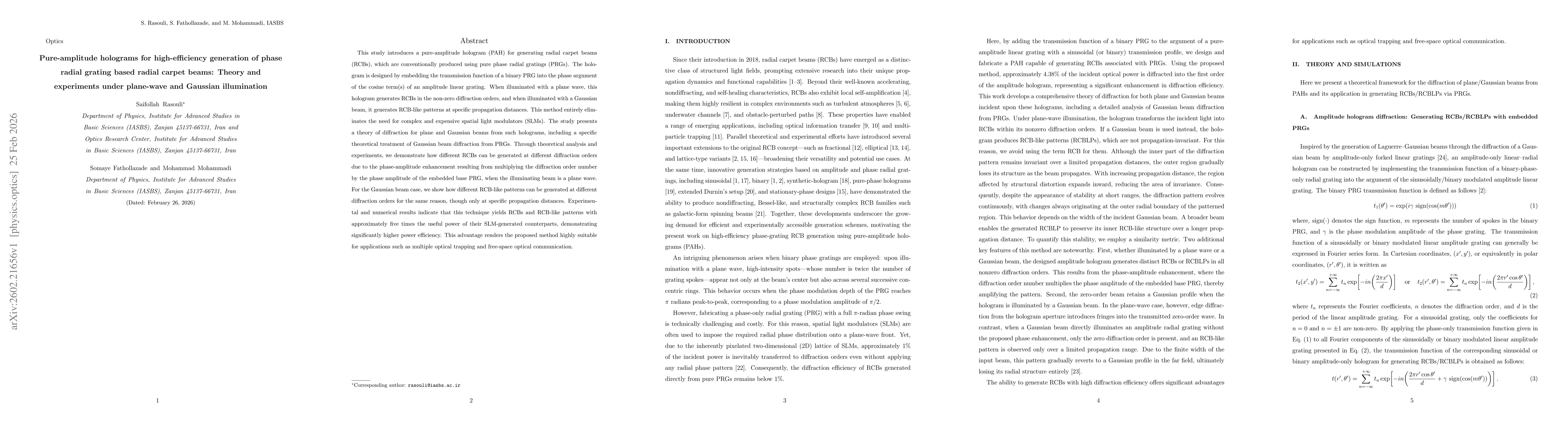 Thumbnail for Pure-amplitude holograms for high-efficiency generation of phase radial grating based radial carpet beams: Theory and experiments under plane-wave and Gaussian illumination