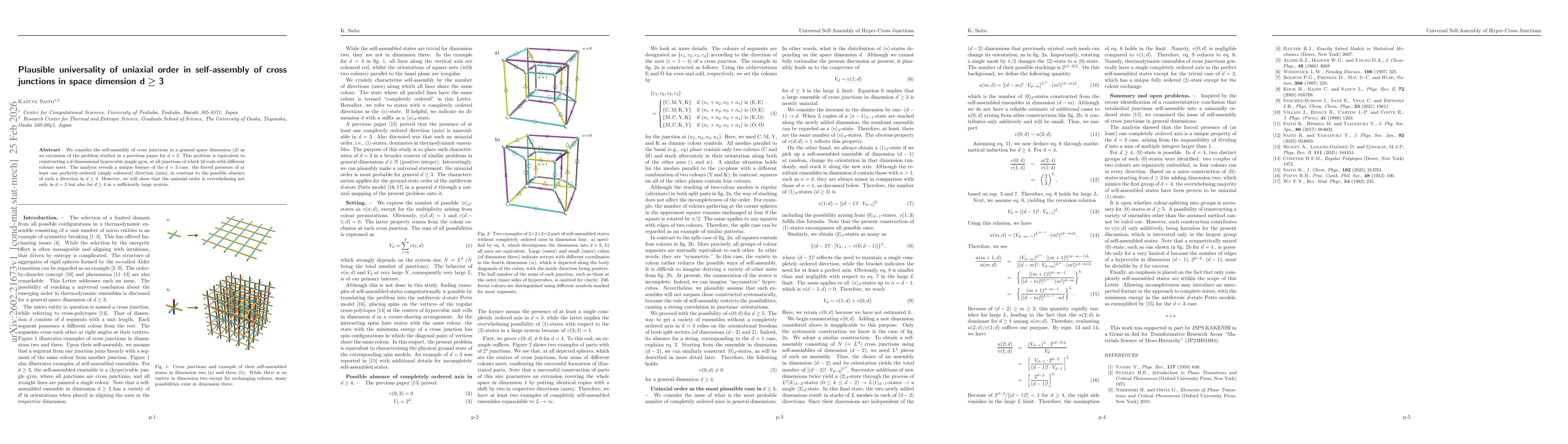 Thumbnail for Plausible universality of uniaxial order in self-assembly of cross junctions in space dimension $d \ge 3$