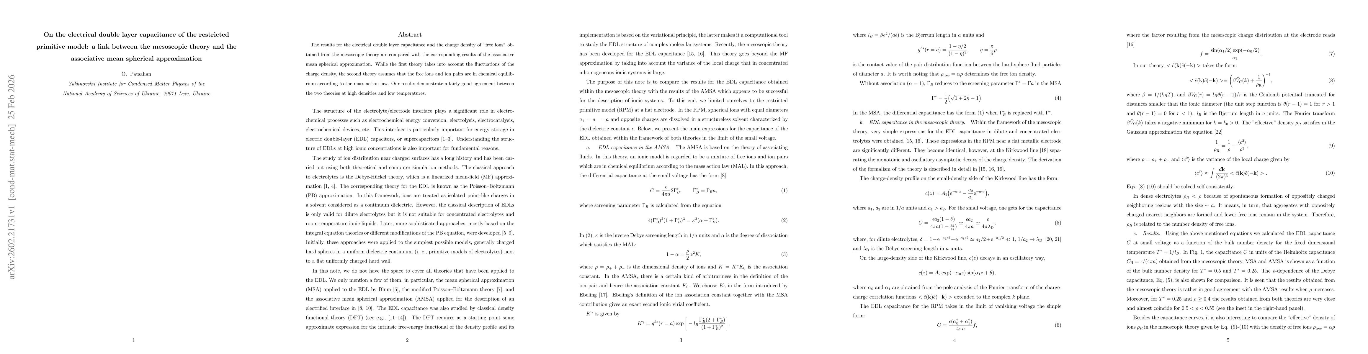 Thumbnail for On the electrical double layer capacitance of the restricted primitive model: a link between the mesoscopic theory and the associative mean spherical approximation