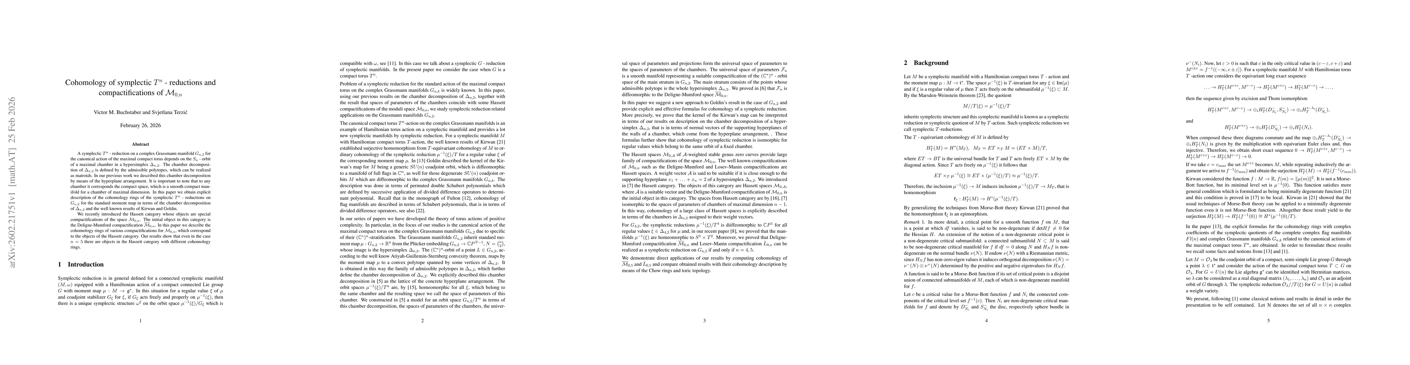 Thumbnail for Cohomology of symplectic $T^n$ - reductions and compactifications of $\mathcal{M}_{0, n}$