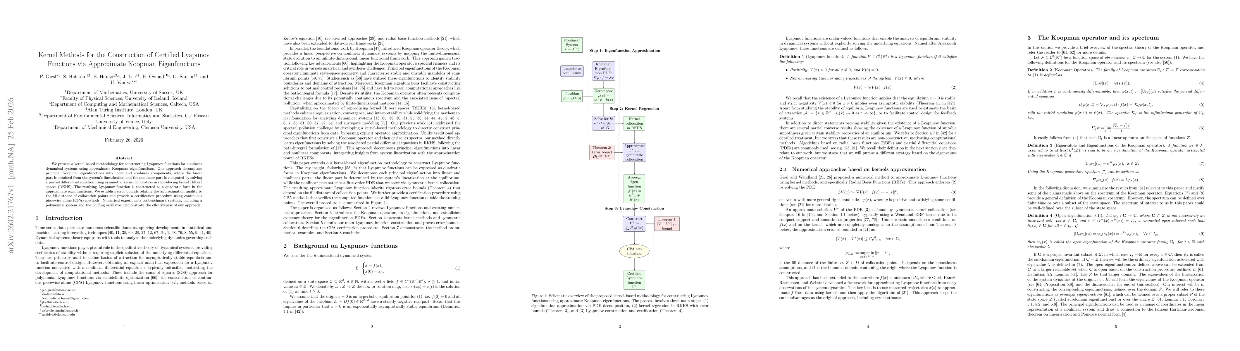 Thumbnail for Kernel Methods for the Construction of Certified Lyapunov Functions via Approximate Koopman Eigenfunctions