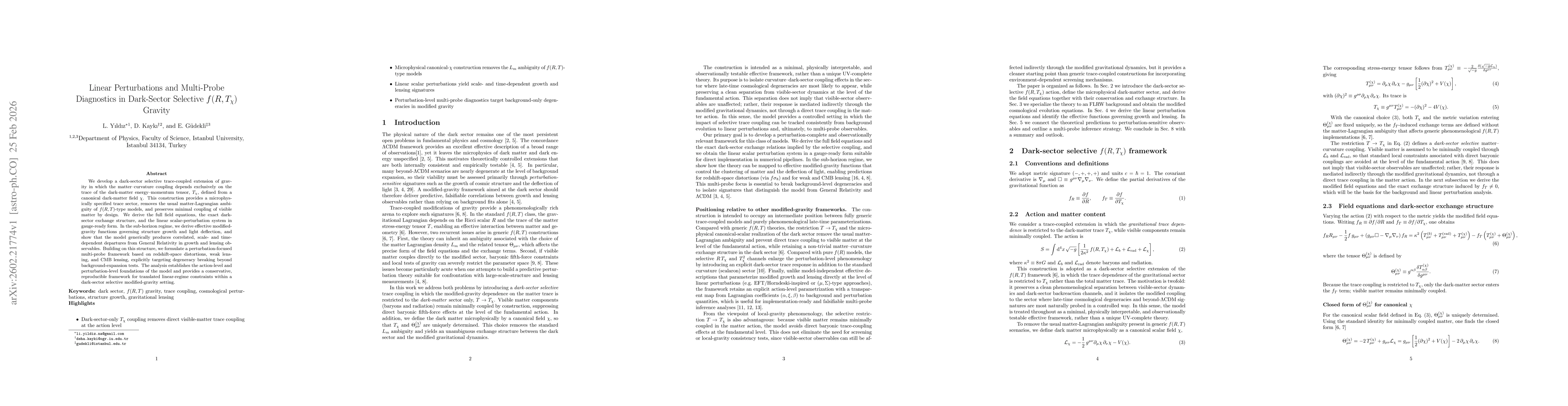 Thumbnail for Linear Perturbations and Multi-Probe Diagnostics in Dark-Sector Selective $f(R,T_χ)$ Gravity