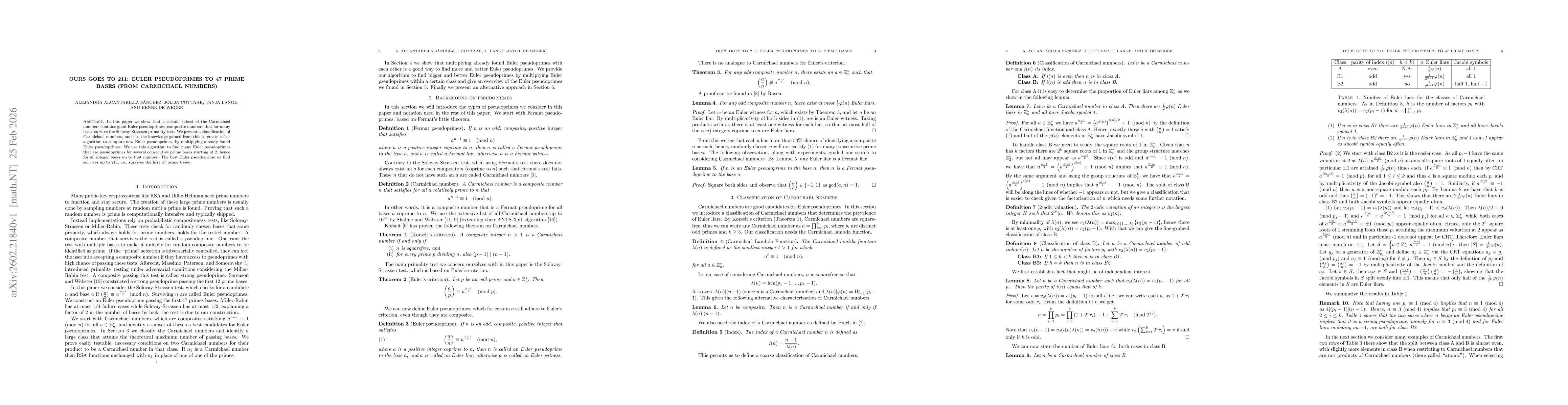 Thumbnail for Ours go to 211: Euler pseudoprimes to 47 prime bases (from Carmichael numbers)