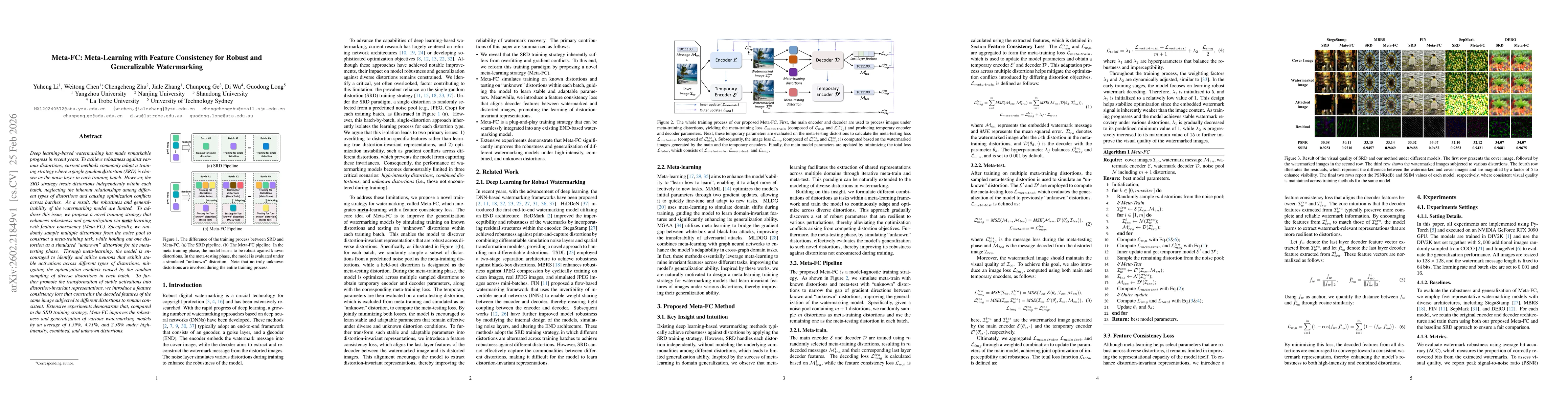 Thumbnail for Meta-FC: Meta-Learning with Feature Consistency for Robust and Generalizable Watermarking