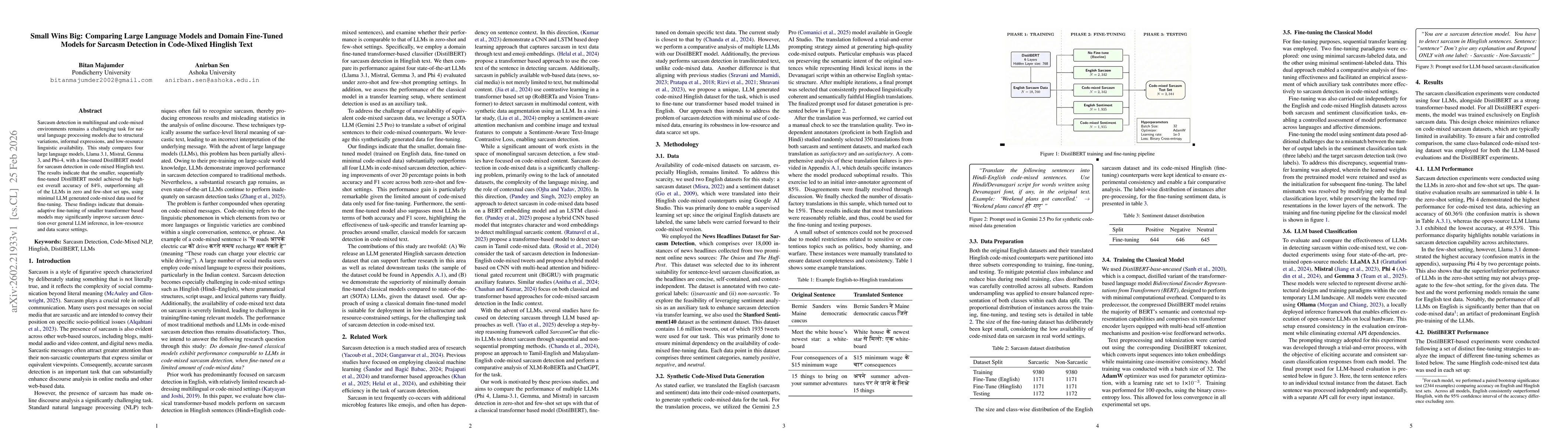 Thumbnail for Small Wins Big: Comparing Large Language Models and Domain Fine-Tuned Models for Sarcasm Detection in Code-Mixed Hinglish Text