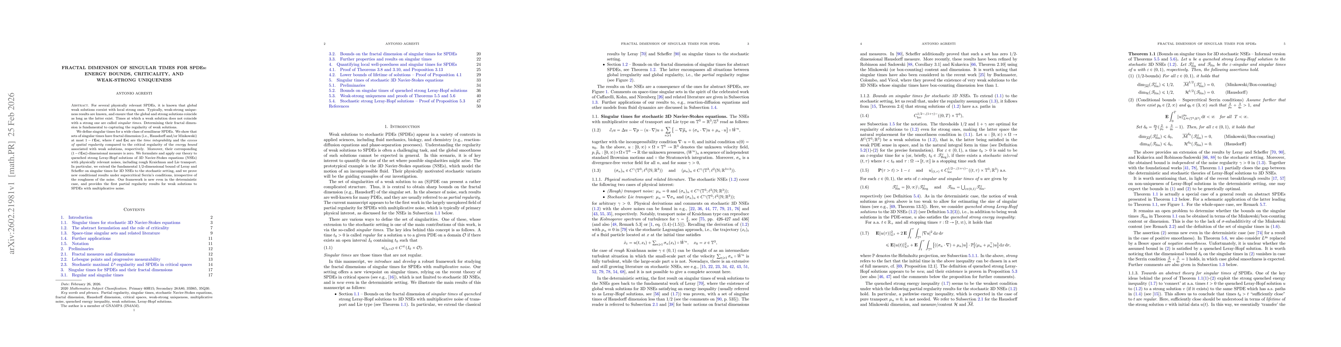 Thumbnail for Fractal dimension of singular times for SPDEs: Energy bounds, criticality, and weak-strong uniqueness