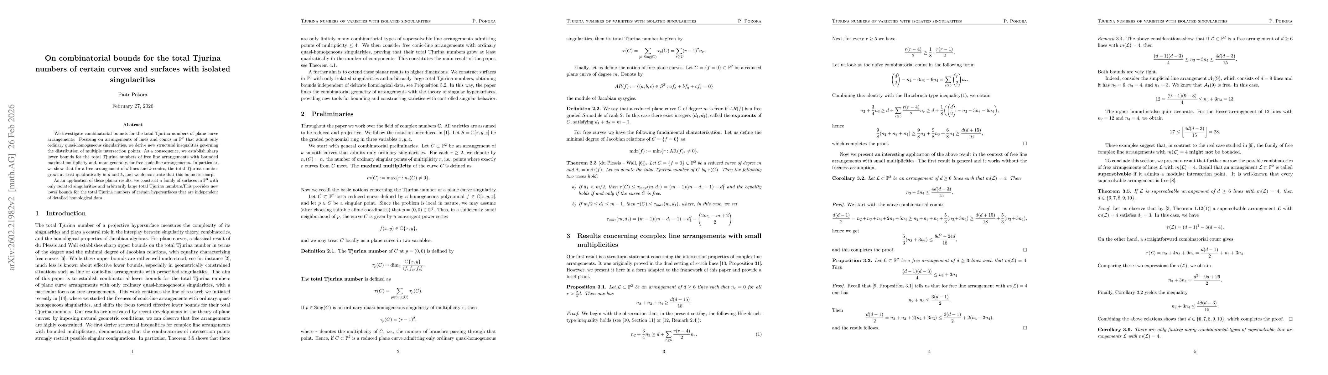 Thumbnail for On combinatorial bounds for the total Tjurina numbers of certain curves and surfaces with isolated singularities
