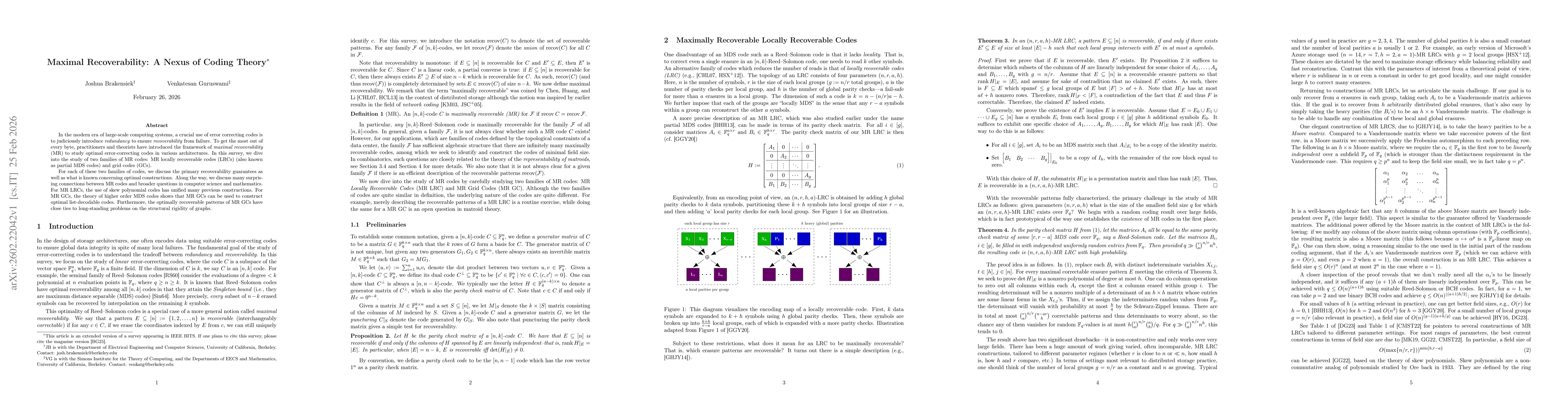 Thumbnail for Maximal Recoverability: A Nexus of Coding Theory
