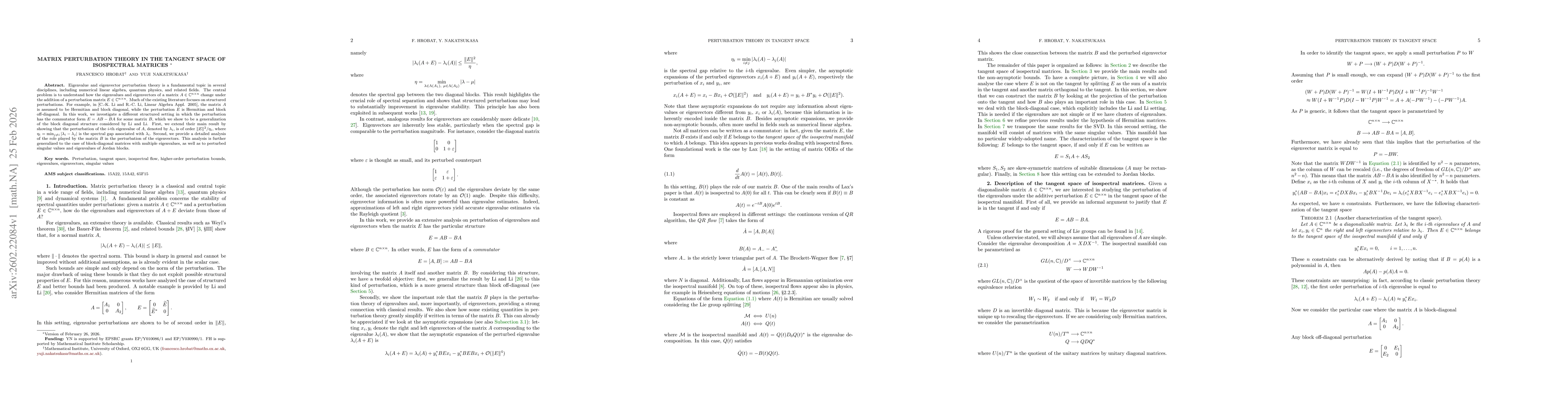 Thumbnail for Matrix Perturbation Theory in the Tangent Space of Isospectral Matrices
