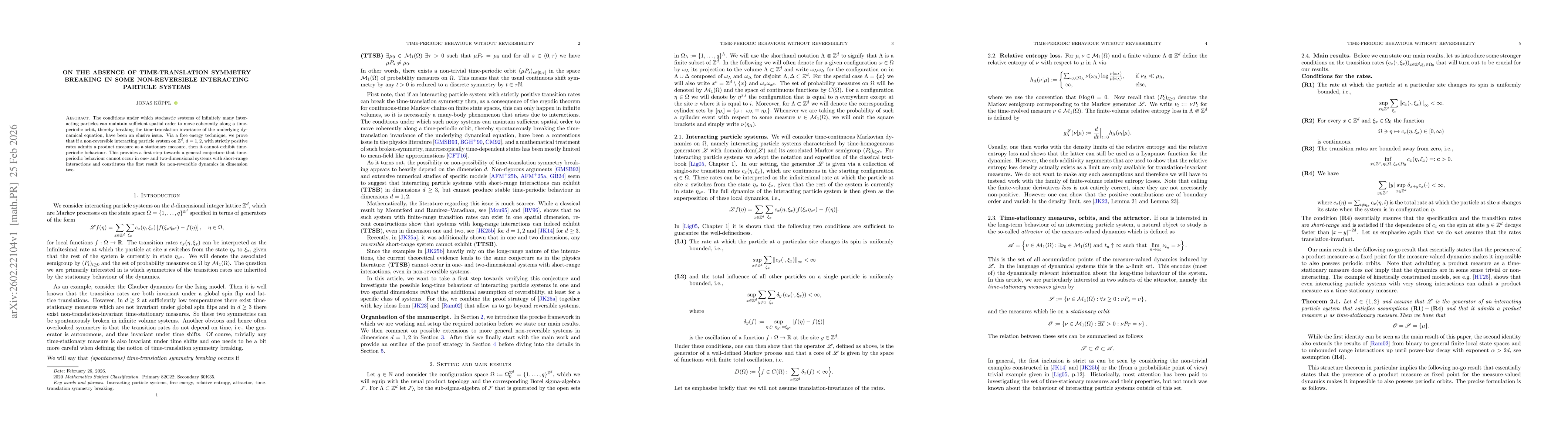 Thumbnail for On the absence of time-translation symmetry breaking in some non-reversible interacting particle systems