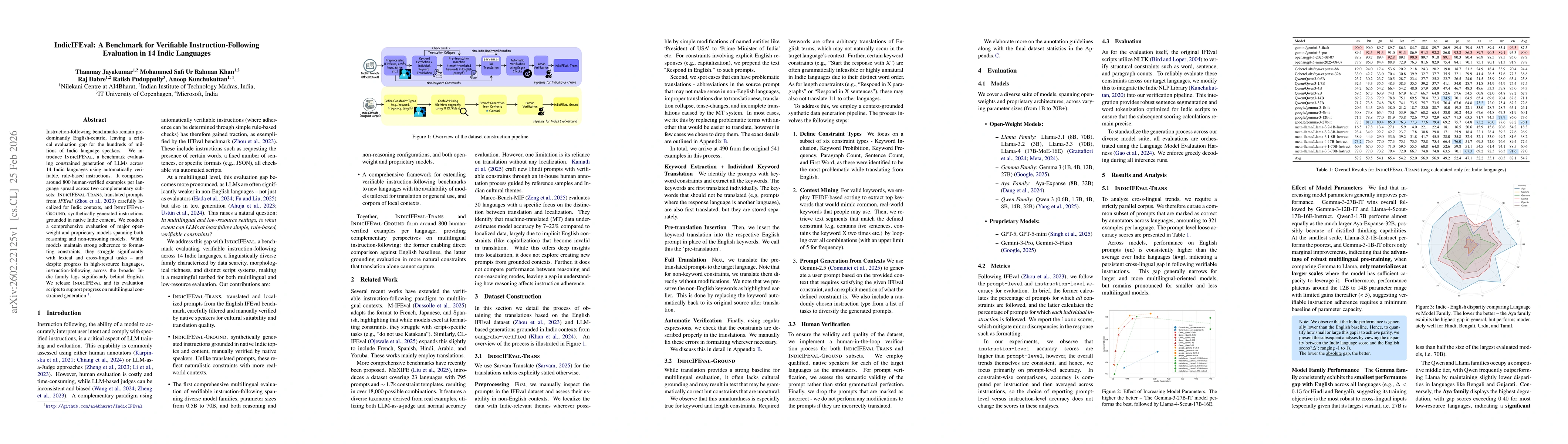Thumbnail for IndicIFEval: A Benchmark for Verifiable Instruction-Following Evaluation in 14 Indic Languages