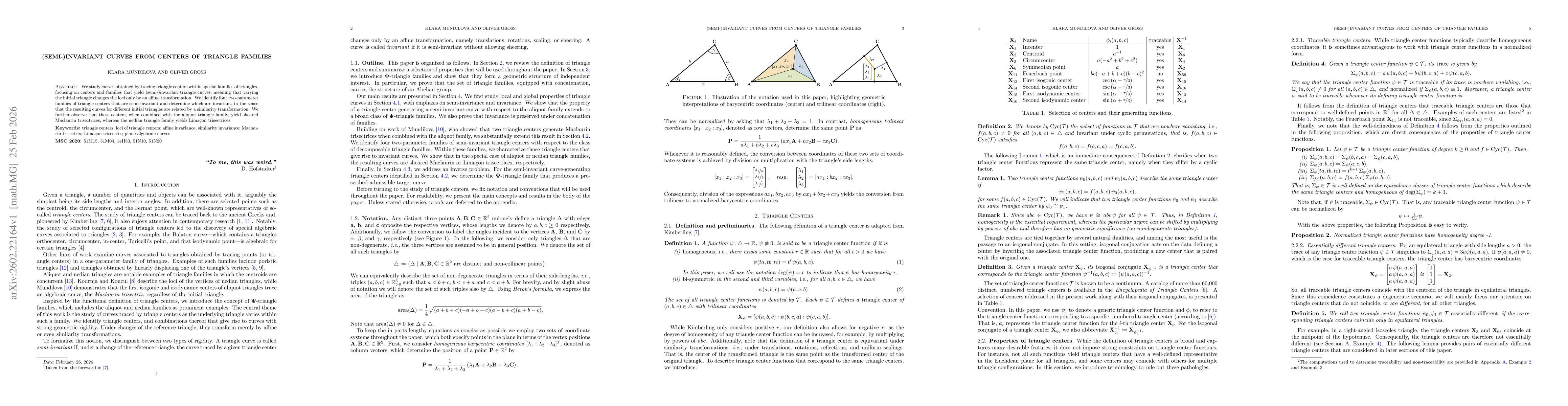 Thumbnail for (Semi-)Invariant Curves from Centers of Triangle Families