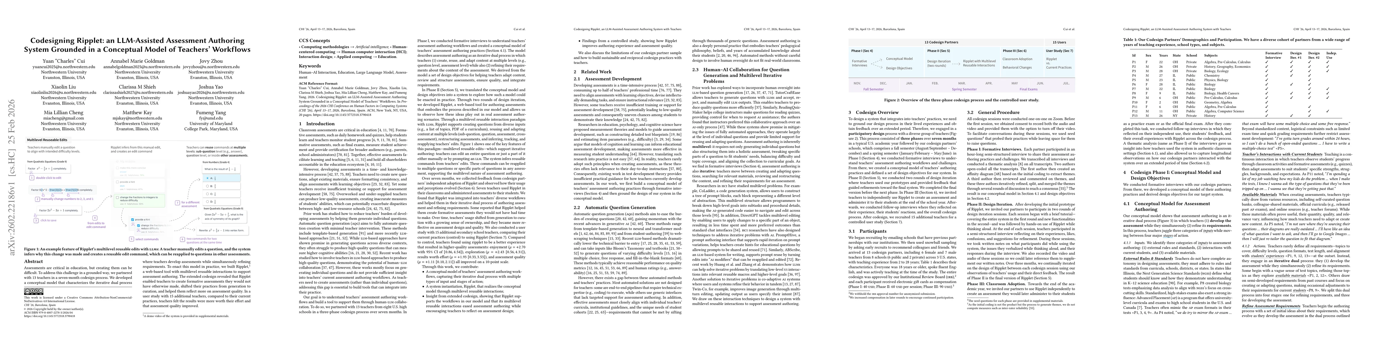 Thumbnail for Codesigning Ripplet: an LLM-Assisted Assessment Authoring System Grounded in a Conceptual Model of Teachers' Workflows