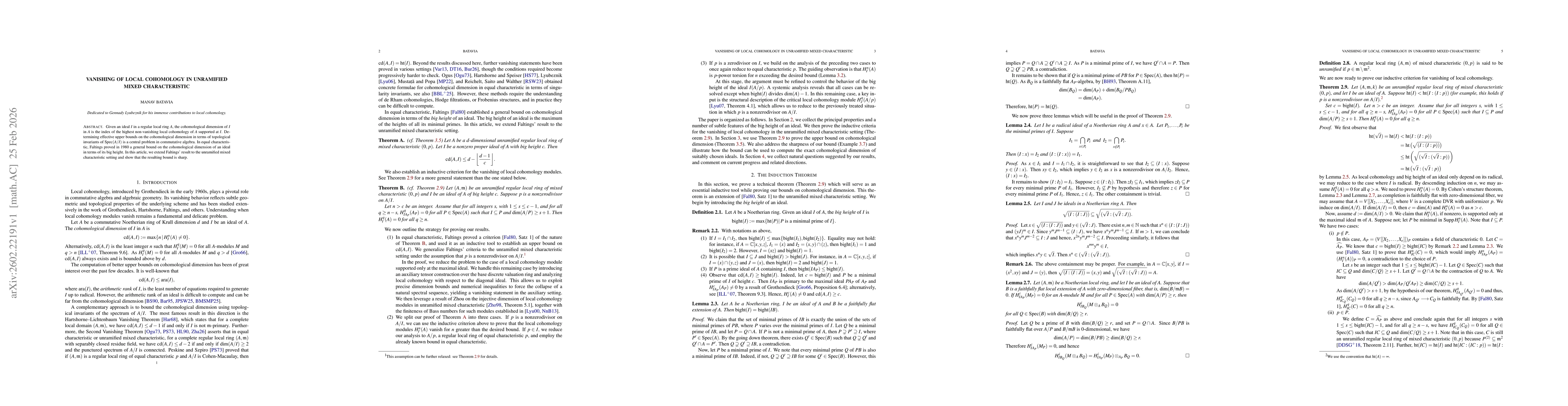 Thumbnail for Vanishing of local cohomology in unramified mixed characteristic