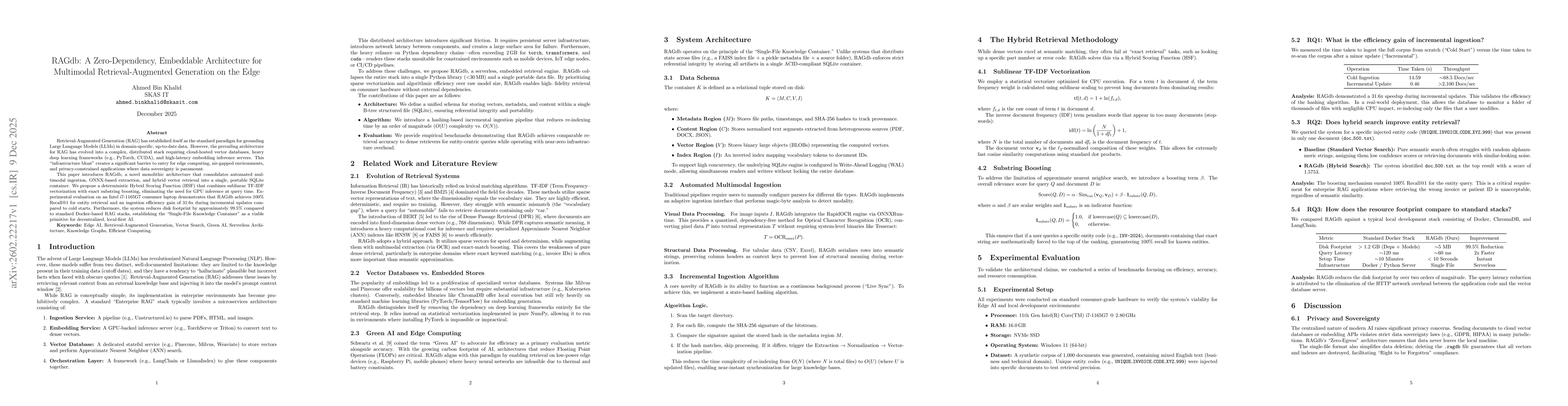 Thumbnail for RAGdb: A Zero-Dependency, Embeddable Architecture for Multimodal Retrieval-Augmented Generation on the Edge