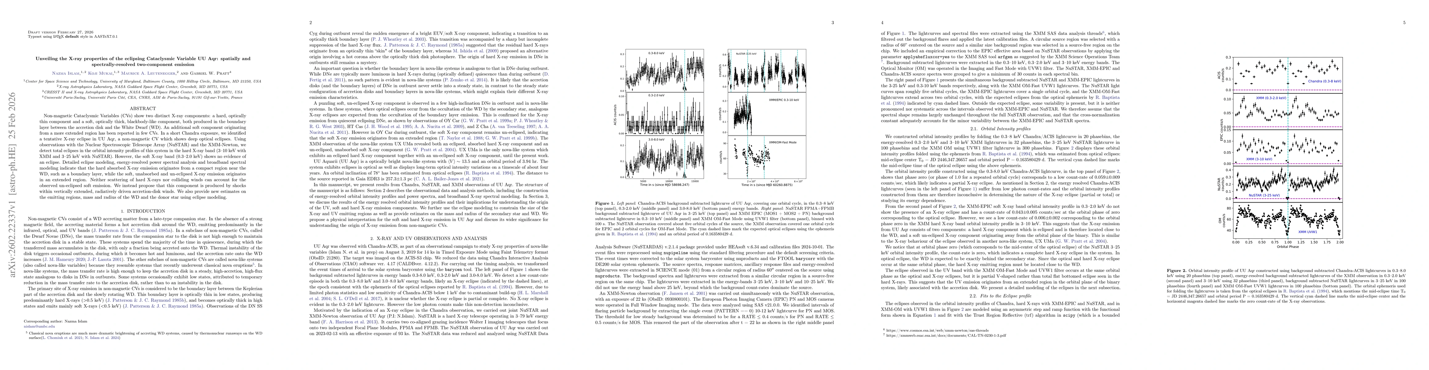 Thumbnail for Unveiling the X-ray properties of the eclipsing Cataclysmic Variable UU Aqr: spatially and spectrally-resolved two-component emission