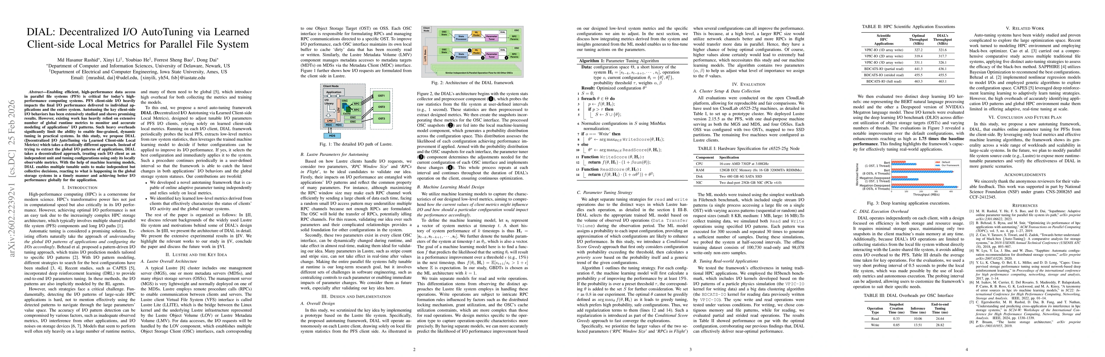 Thumbnail for DIAL: Decentralized I/O AutoTuning via Learned Client-side Local Metrics for Parallel File System