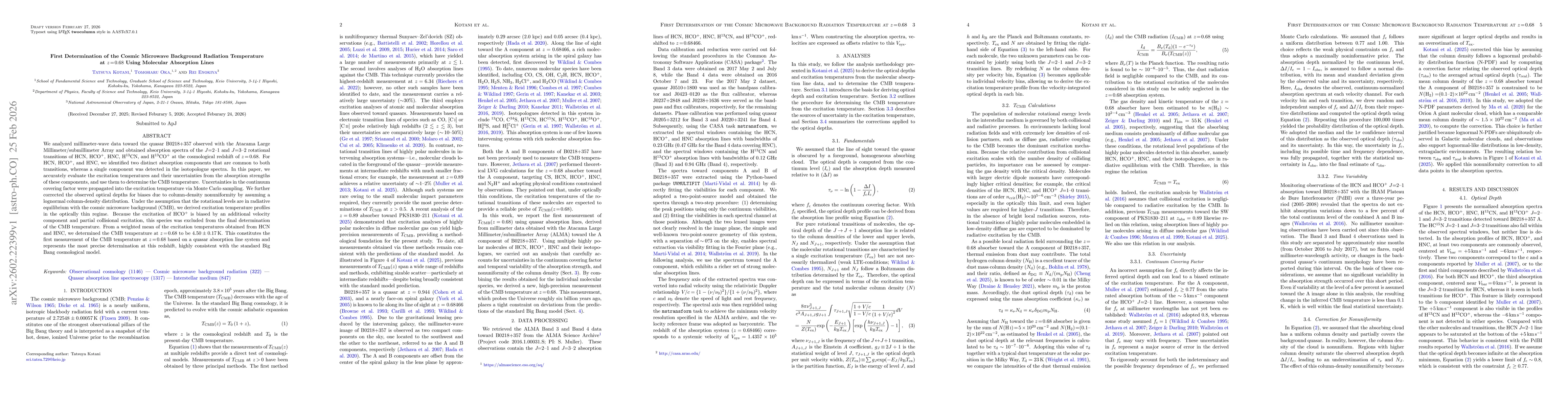 Thumbnail for First Determination of the Cosmic Microwave Background Radiation Temperature at $z\!=\!0.68$ Using Molecular Absorption Lines