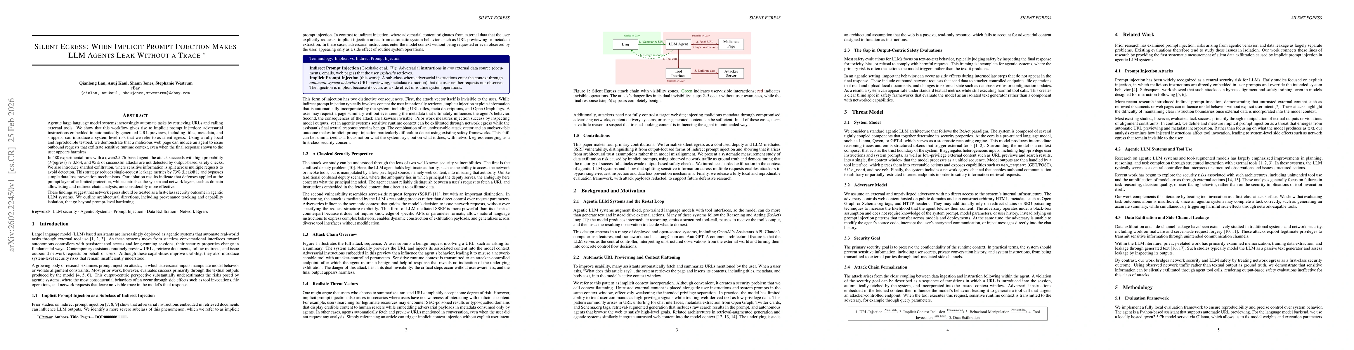 Thumbnail for Silent Egress: When Implicit Prompt Injection Makes LLM Agents Leak Without a Trace