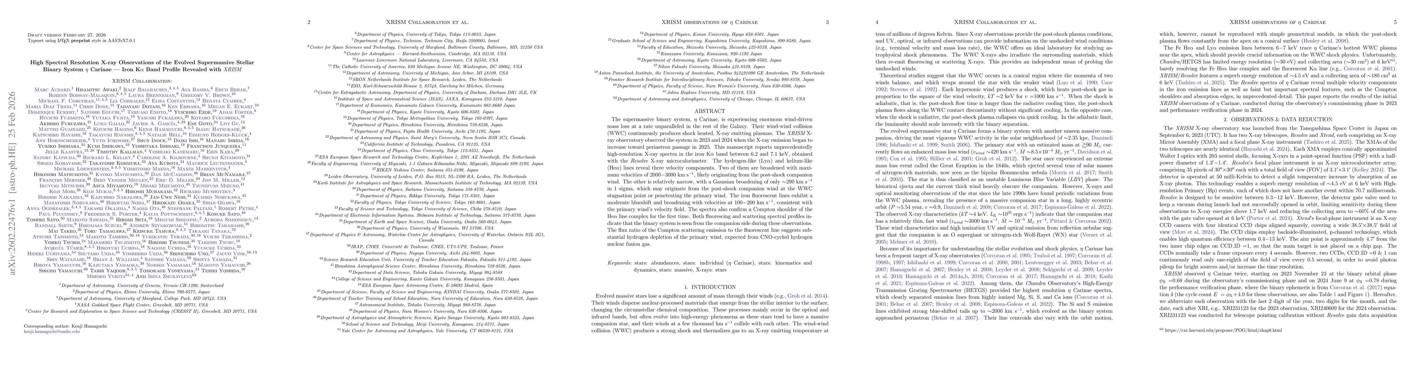 Thumbnail for High Spectral Resolution X-ray Observations of the Evolved Supermassive Stellar Binary System $η$ Carinae - Iron K$α$ Band Profile Revealed with XRISM