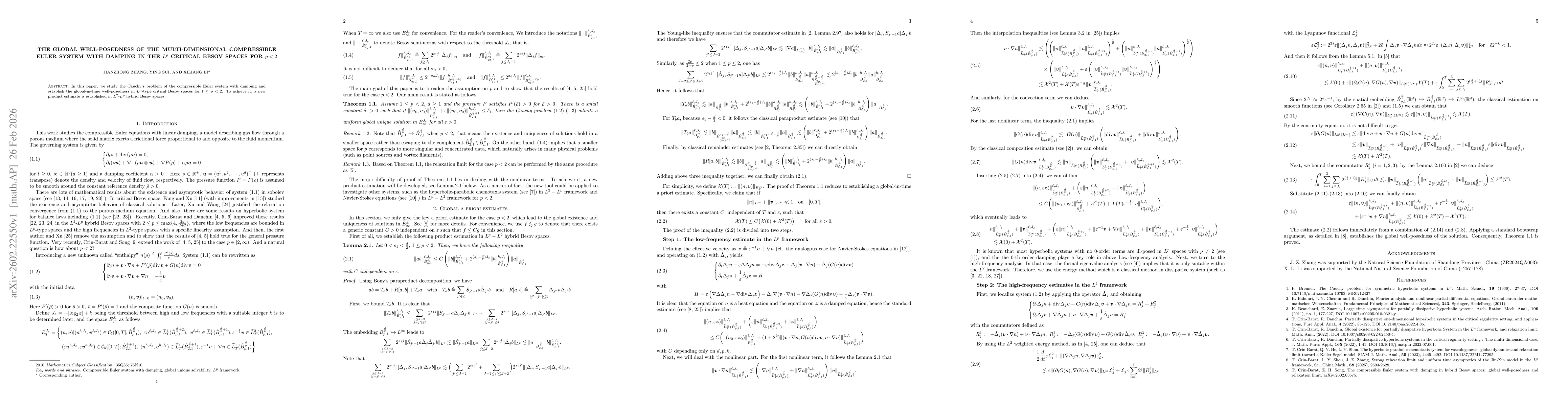 Thumbnail for The global well-posedness of the multi-dimensional compressible Euler system with damping in the $L^p$ critical Besov spaces for $p<2$