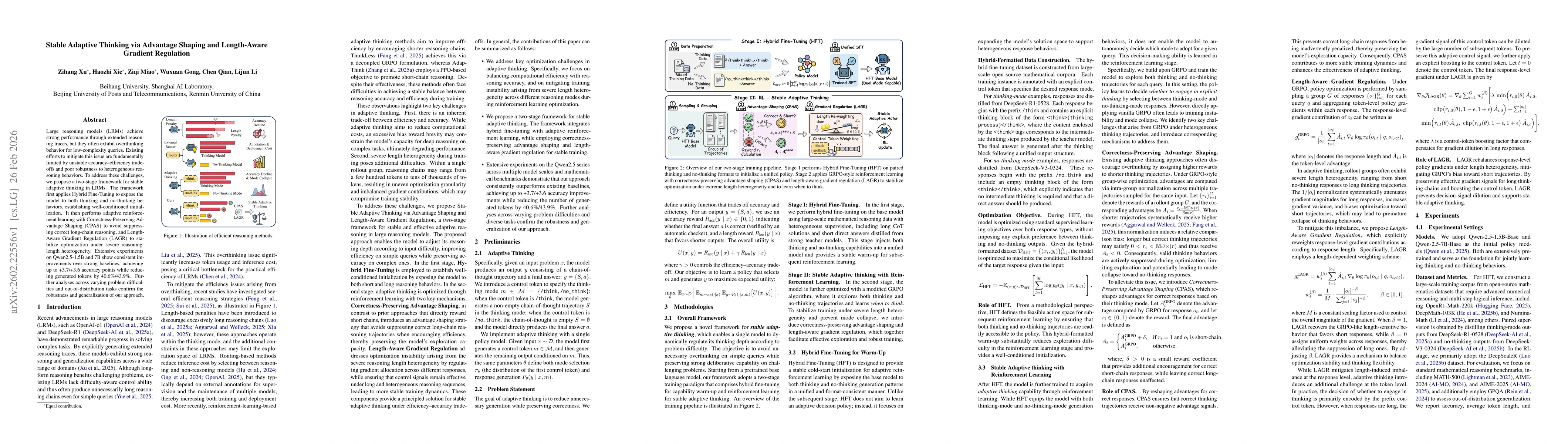 Thumbnail for Stable Adaptive Thinking via Advantage Shaping and Length-Aware Gradient Regulation