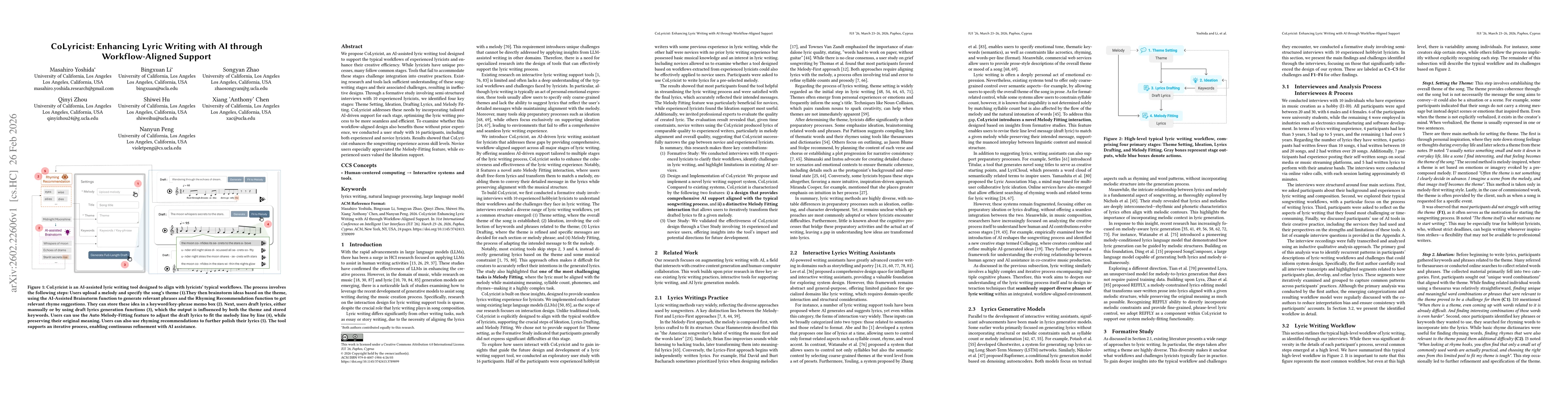Thumbnail for CoLyricist: Enhancing Lyric Writing with AI through Workflow-Aligned Support