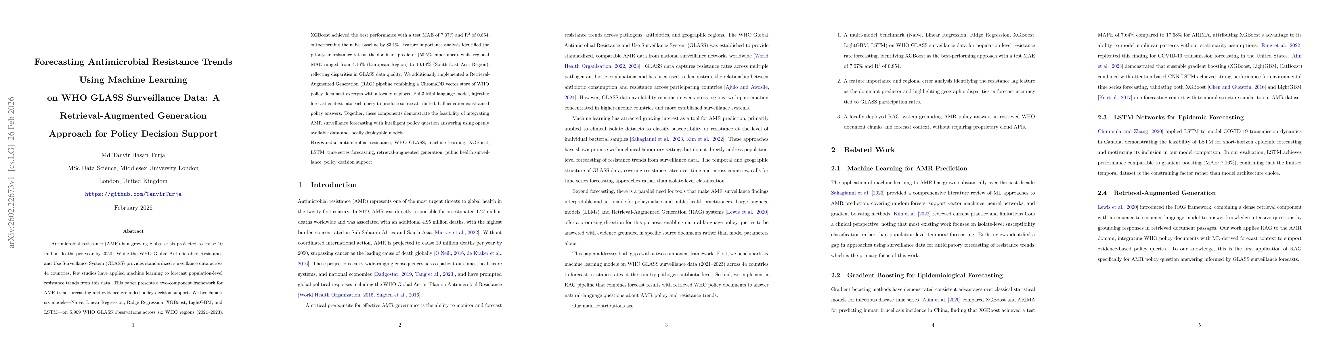 Thumbnail for Forecasting Antimicrobial Resistance Trends Using Machine Learning on WHO GLASS Surveillance Data: A Retrieval-Augmented Generation Approach for Policy Decision Support