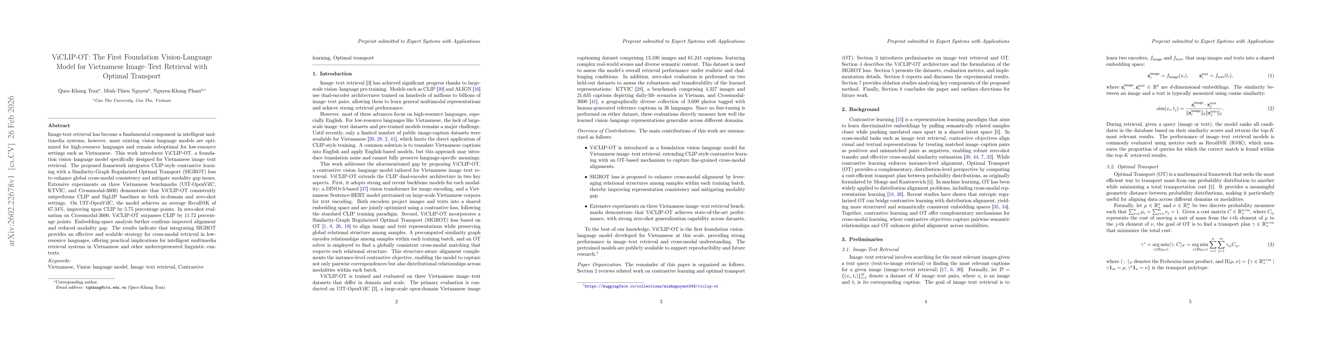 Thumbnail for ViCLIP-OT: The First Foundation Vision-Language Model for Vietnamese Image-Text Retrieval with Optimal Transport